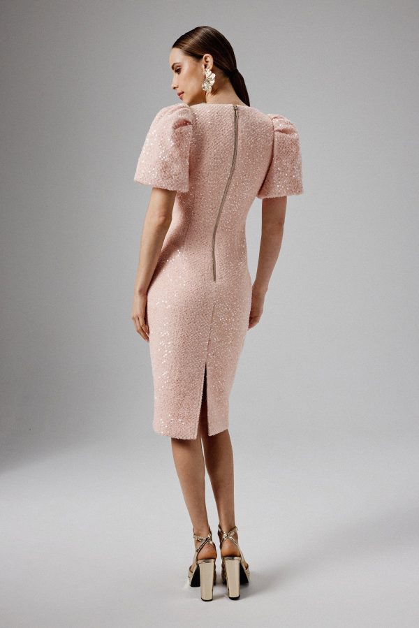 GABI Puff Sleeve Boucle Midi Dress with Rose Embellishment in Pink - Image 4
