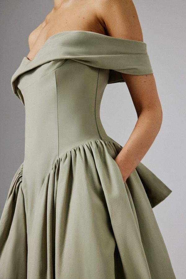 EMILY Off Shoulder Volumed Flared Sun Dress in Sage Green - Image 2