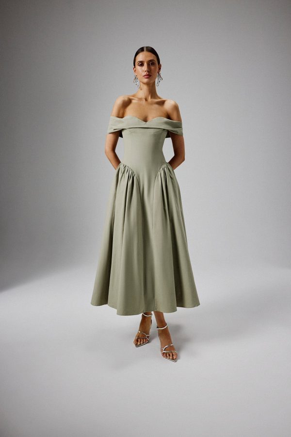 EMILY Off Shoulder Volumed Flared Sun Dress in Sage Green - Image 3
