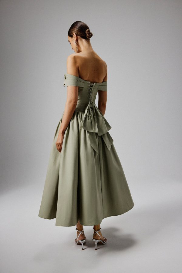 EMILY Off Shoulder Volumed Flared Sun Dress in Sage Green - Image 4