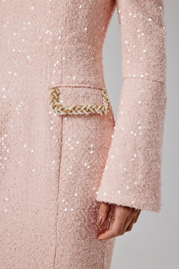 MANDI Sequin Boucle Bardot Long Midi Dress in Pink - Image 2