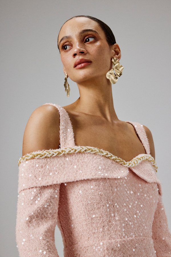 MANDI Sequin Boucle Bardot Long Midi Dress in Pink - Image 3