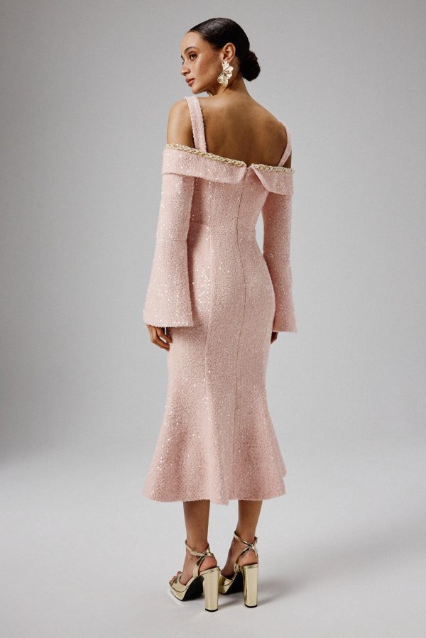 MANDI Sequin Boucle Bardot Long Midi Dress in Pink - Image 4