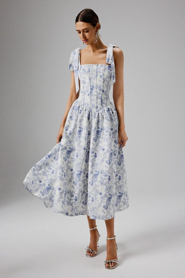 BLOSSOM Tie Shoulder Corset Sundress In Blue Porcelain - Image 3