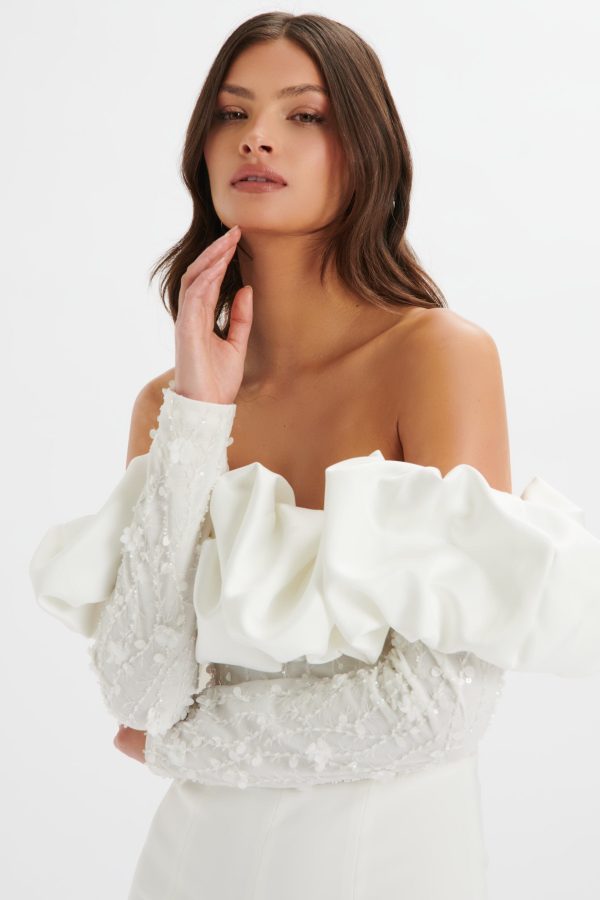 TALLULAH 3D Embroidered Satin Puff Jumpsuit in White - Image 2