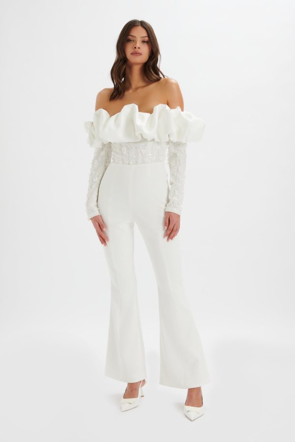 TALLULAH 3D Embroidered Satin Puff Jumpsuit in White - Image 3