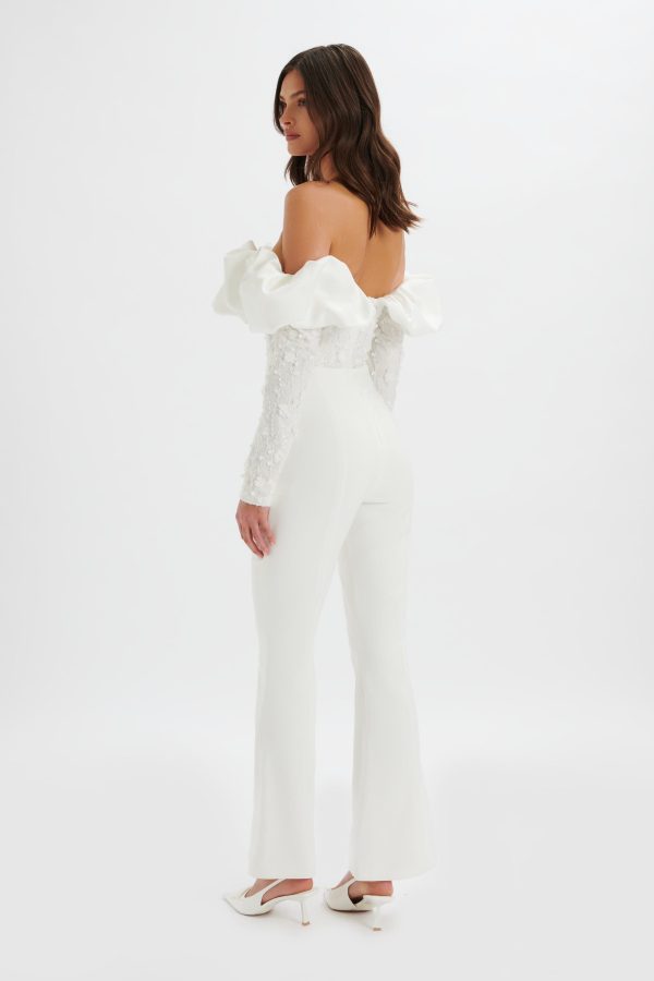TALLULAH 3D Embroidered Satin Puff Jumpsuit in White - Image 4